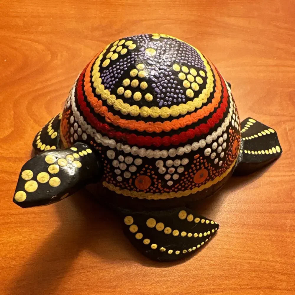 Handmade Hand-Painted Wooden Turtle Figurine Bali Dot Pattern Art -bobble head